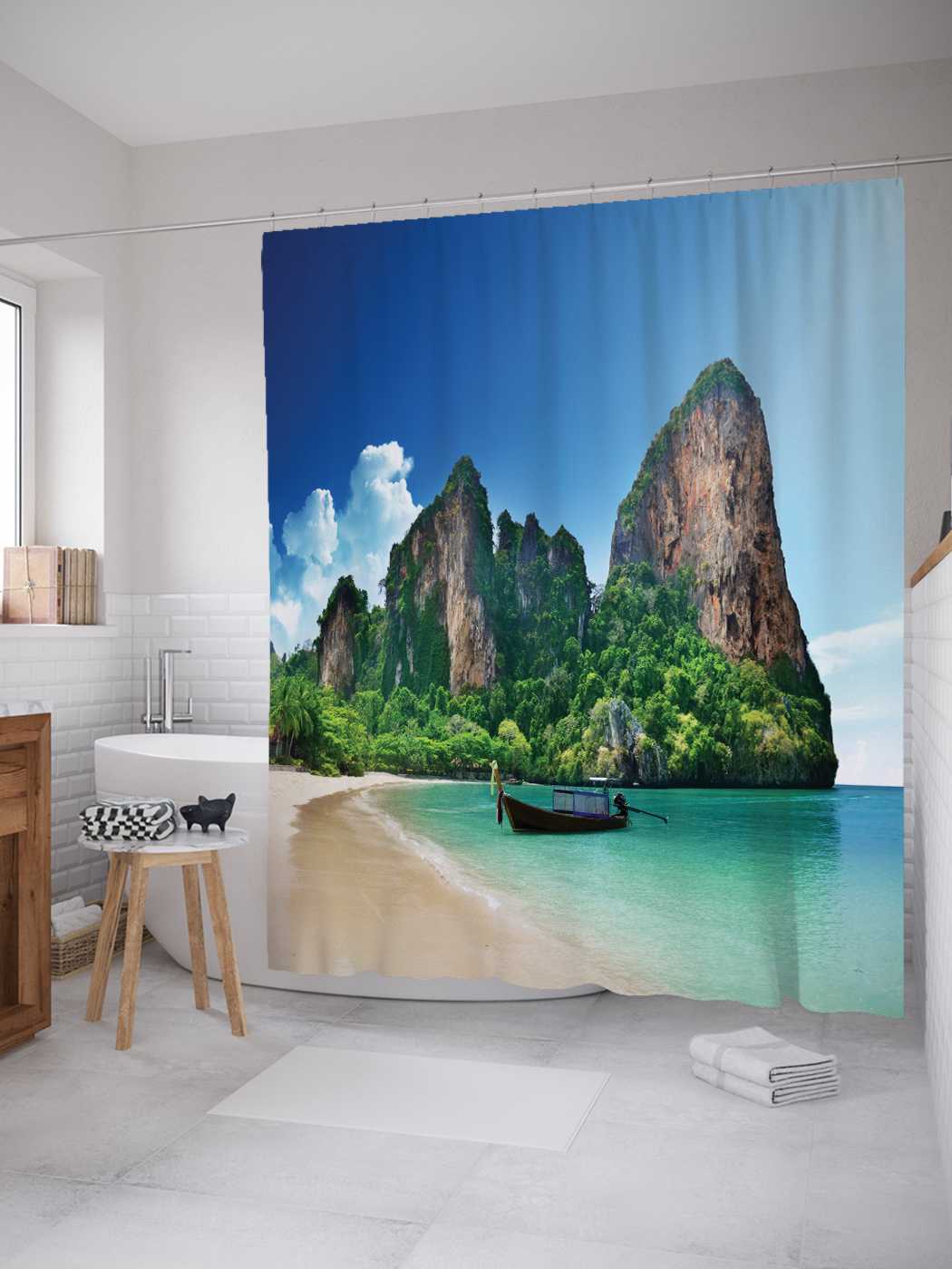 

Штора для ванной JoyArty "Долгожданное прибытие" из сатена, 180х200 см с крючками, Синий