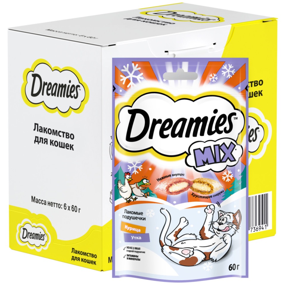 фото Лакомство для кошек dreamies подушечки, с курицей и уткой, 6 шт по 60г