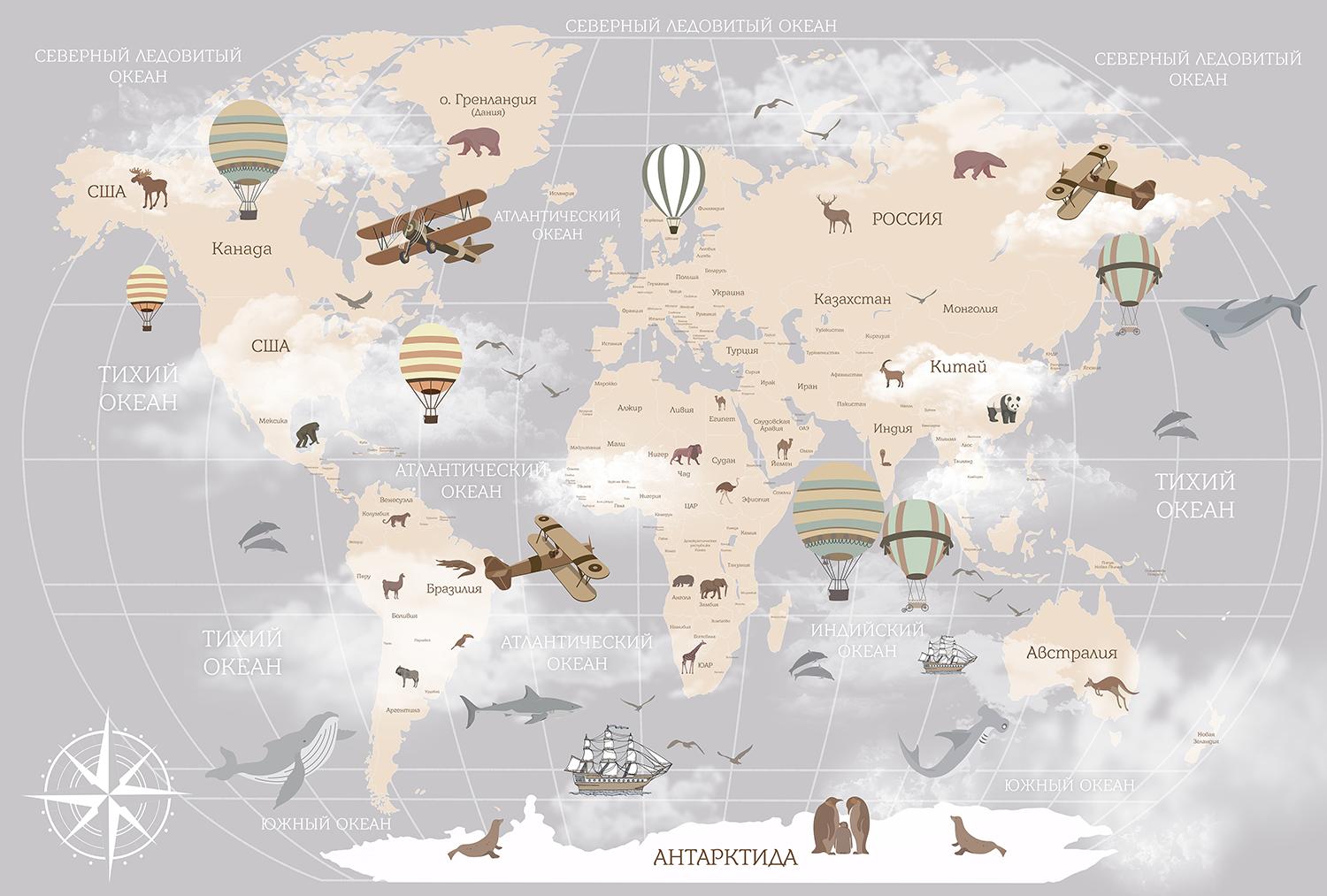 Фотообои Divino Decor F-272 Детская карта мира с шарами и животными 400х270
