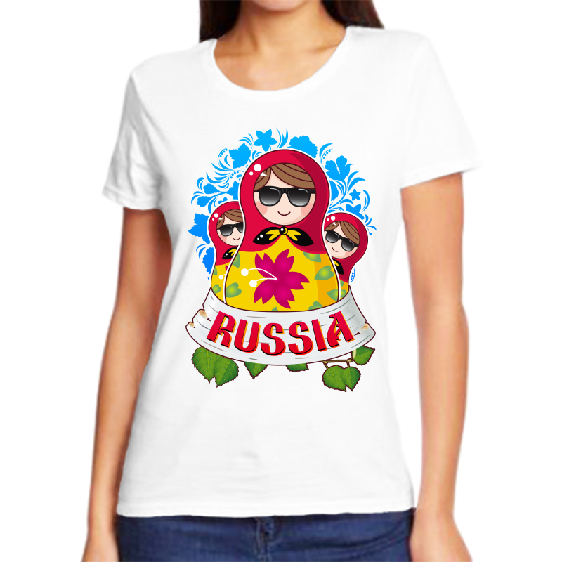 

Футболка женская белая 58 р-р с надписью Россия Russia с тремя матрешками, Белый, fzh_russia_matreshki