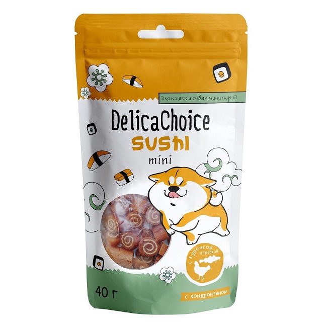 Лакомство для кошек и собак DelicaChoice Sushi mini, с курочкой и треской, 40 г