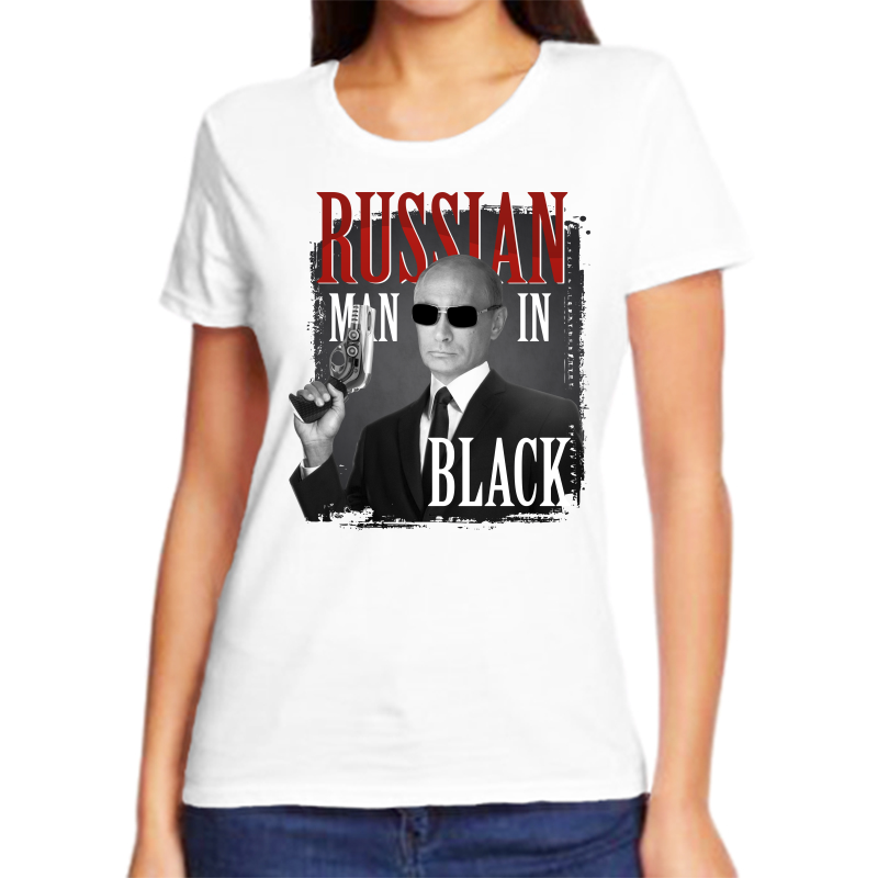 

Футболка женская белая 46 р-р с Путиным Russian man in back, Белый, fzh_russian_man_in_black