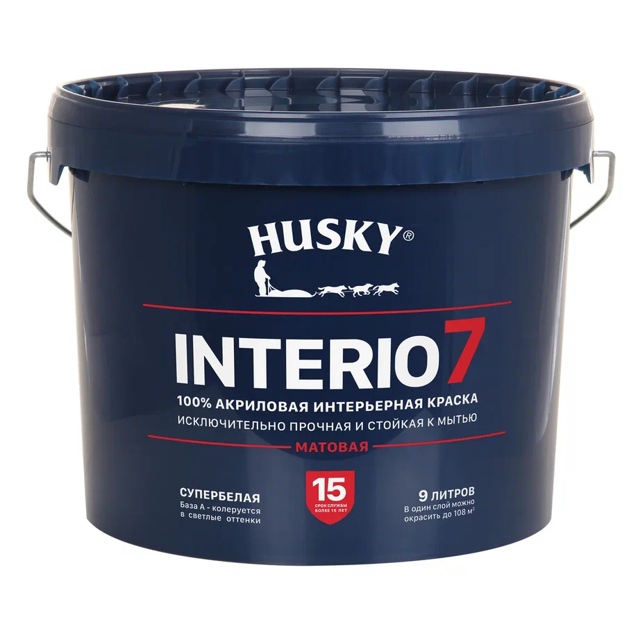 фото Краска интерьерная husky interio 7 матовая белый 9 л