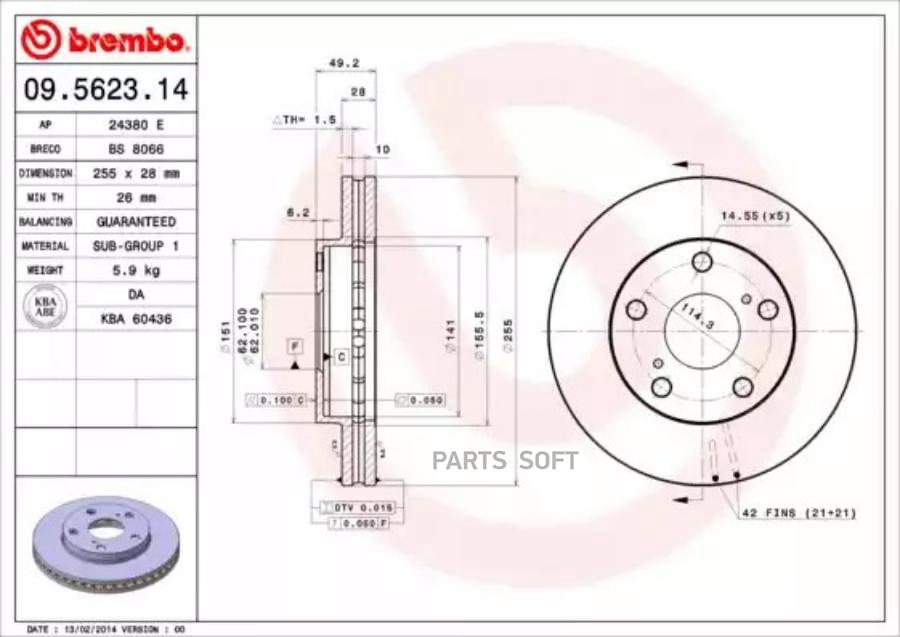 

Тормозной диск brembo передний вентилируемый 255x28 мм 5 отверстий 9562314