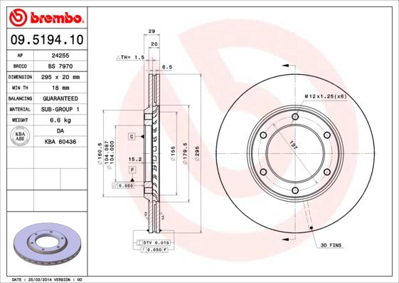 

Диск Торм. Пер.Вент.[295X20] 6 Отв. Brembo 09519410