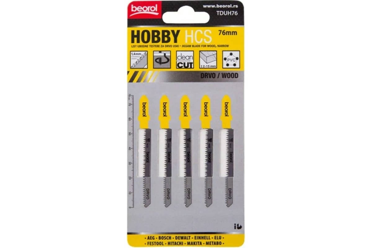 

ПИЛКИ ДЛЯ ЛОБЗИКА ПО ДЕРЕВУ HOBBY 5 ШТ. 76 ММ (1/100/400) BEOROL