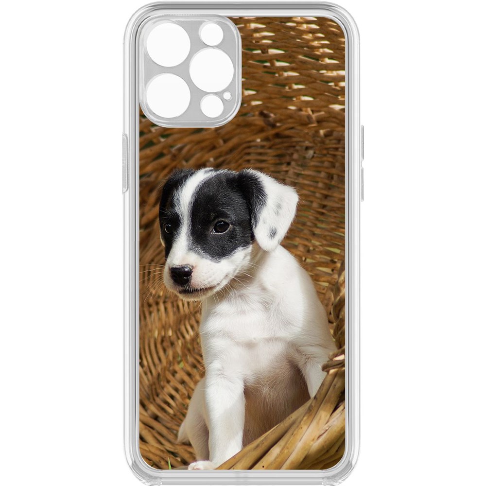 

Чехол-накладка Krutoff Clear Case Щенок в корзине для iPhone 12 Pro с защитой камеры, Прозрачный