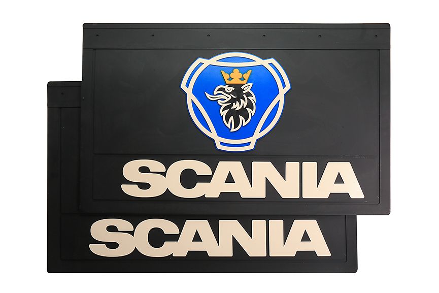 

Комплект брызговиков SCANIA 600х370 черная основа белая надпись эмблема орел цветной