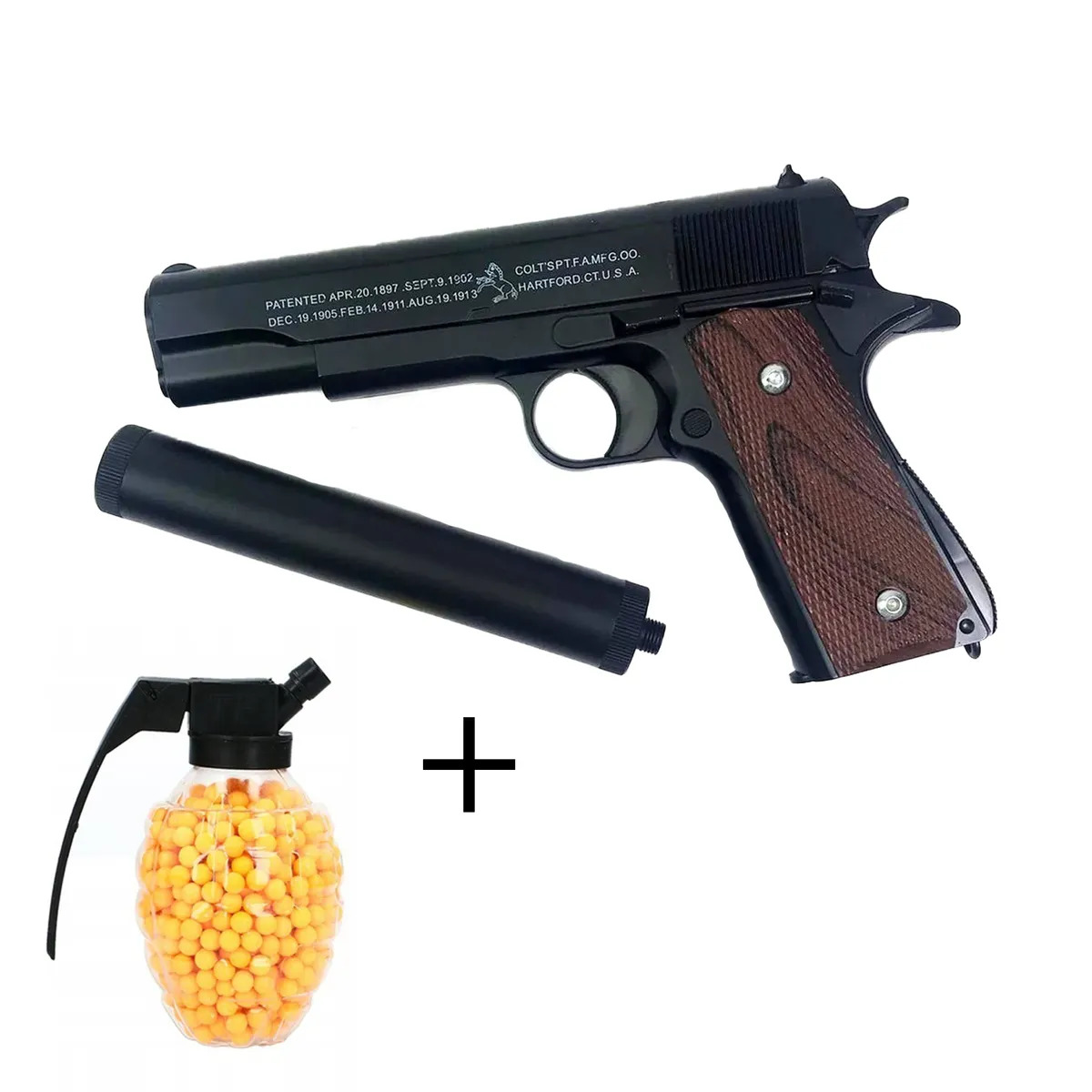 

Пистолет wellywell C.1911A+Airsoft Gun с пульками BB 6 мм пневмо, глушитель, граната