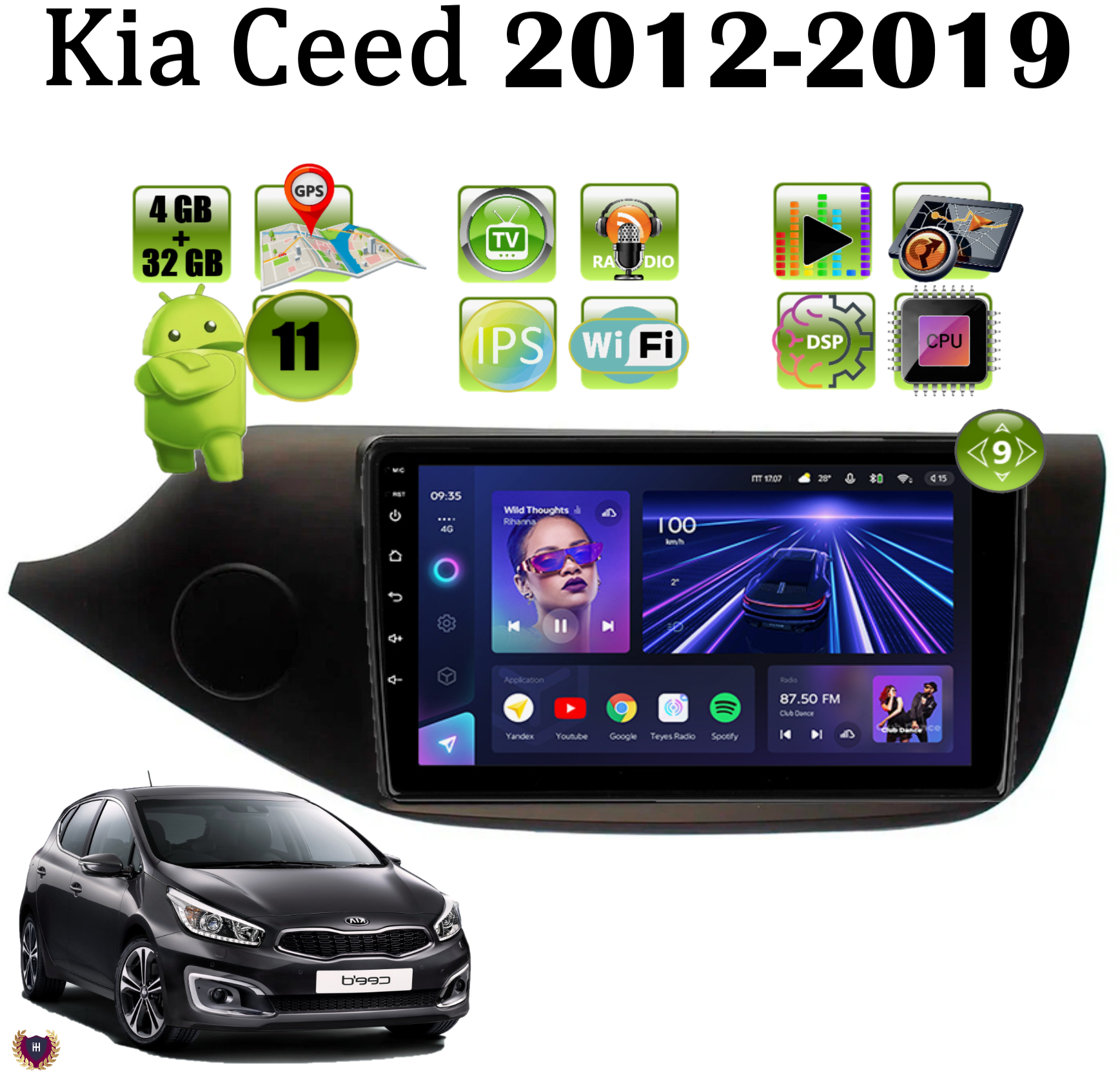 Автомагнитола Podofo для Kia CEED (2012-2019) матовая, Android 11, 4/32 GB, GPS, Bluetooth