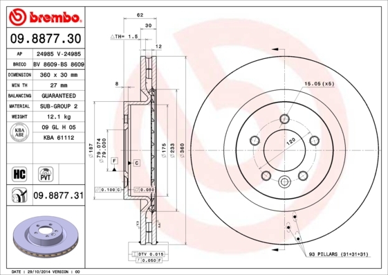

Тормозной диск brembo передний вентилируемый 360x30 мм 5 отверстий 9887731