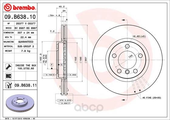 

Тормозной диск brembo передний вентилируемый 307x24 мм 5 отверстий 09b63811