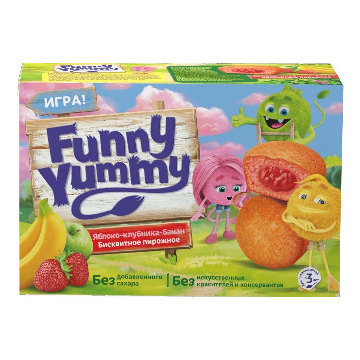 

Пирожное Funny Yummy бисквитное яблоко-клубника-банан с 3 лет 100 г