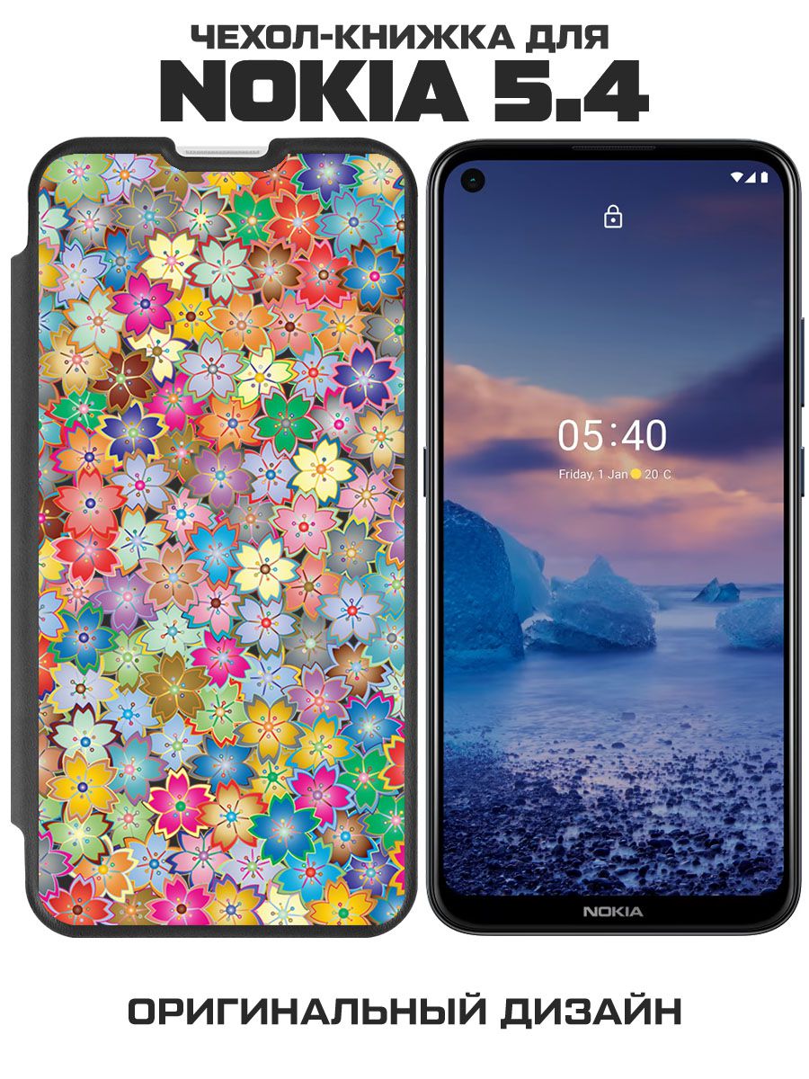 Чехол-книжка Eco Book для Nokia 5.4 Цветочный паттерн 4 (черный)
