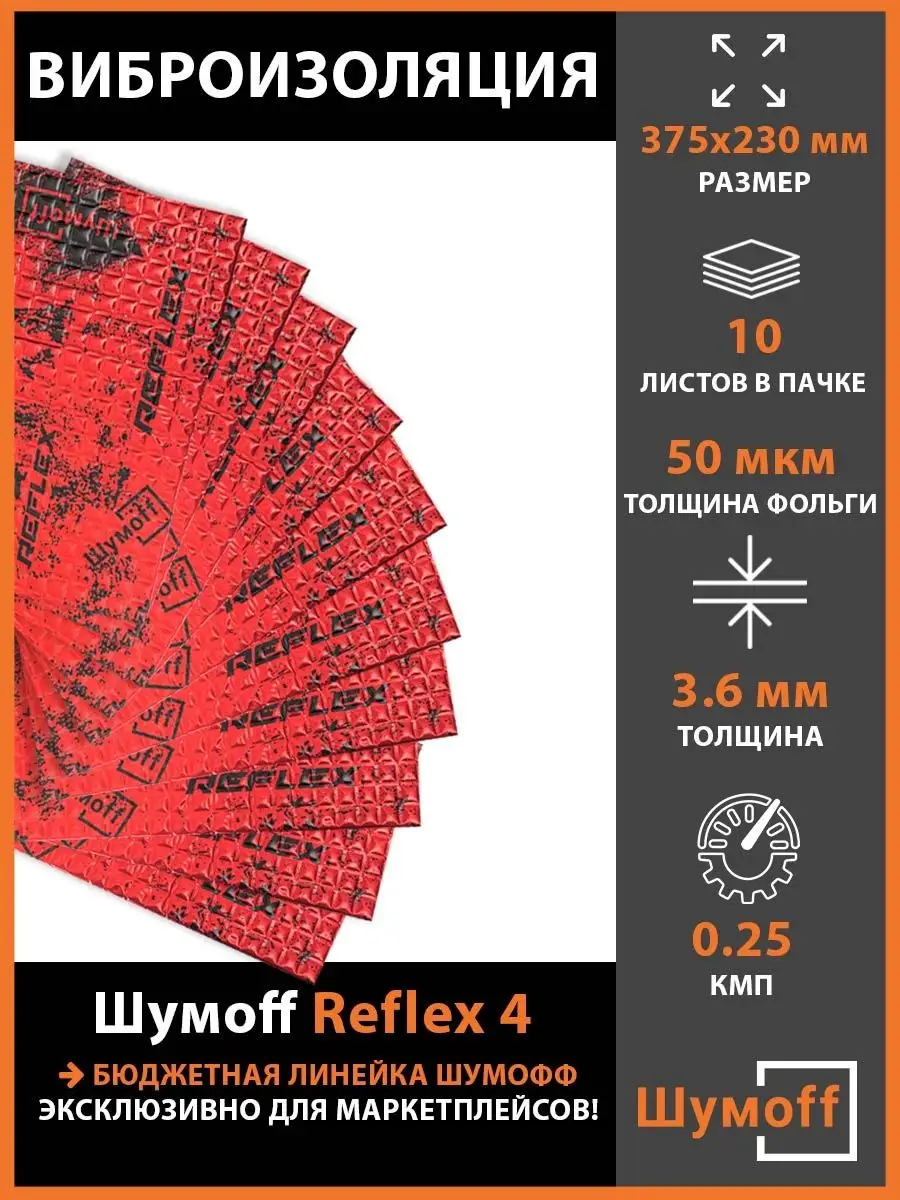 

Виброизоляция Шумофф Reflex 4, 10 листов, толщина 3.6 мм, Reflex4