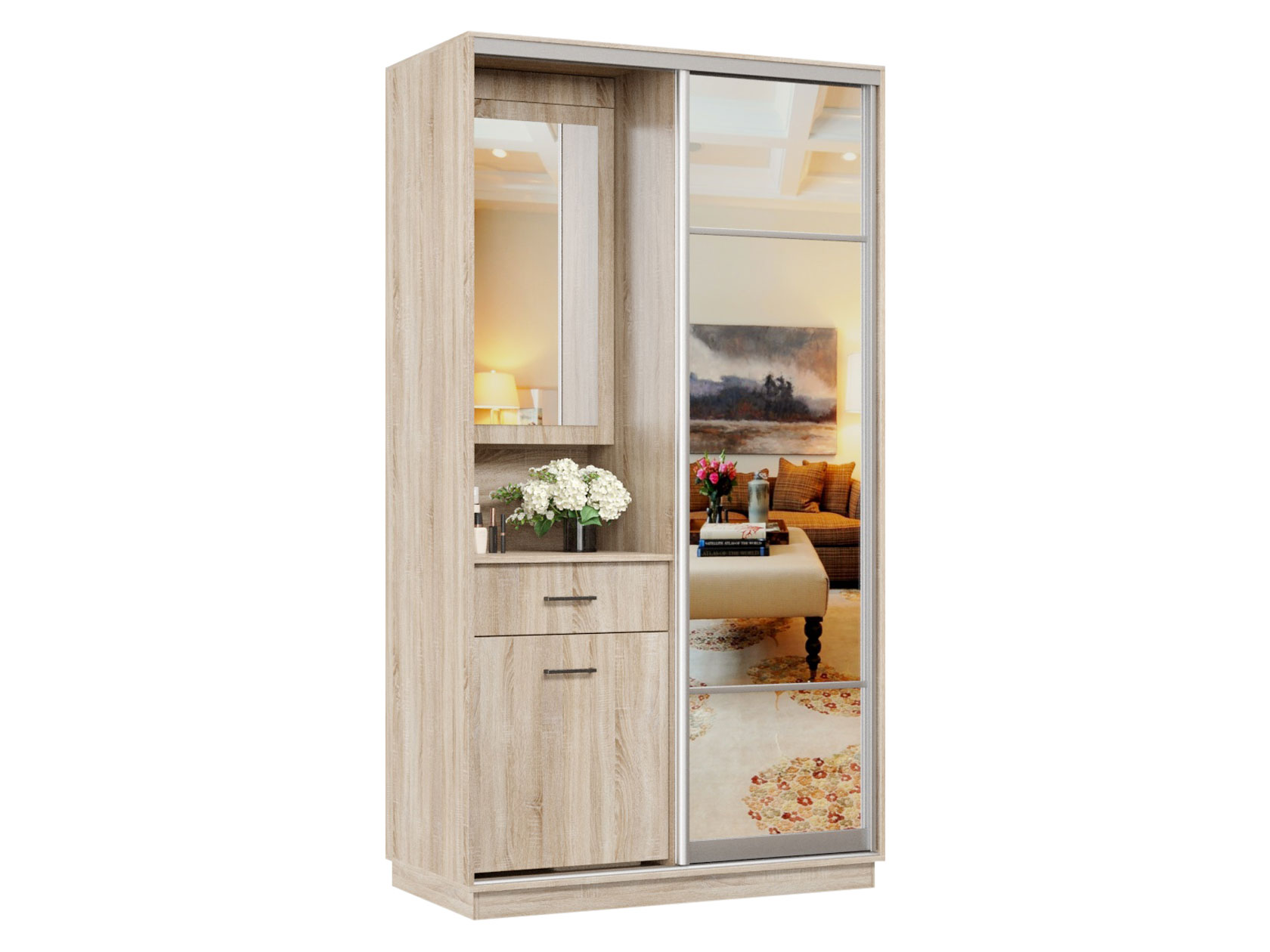 

Прихожая Хочу домой Маршал Дуб Сонома / Зеркало Левая 2400 мм 1200 мм 600 мм, Бежевый