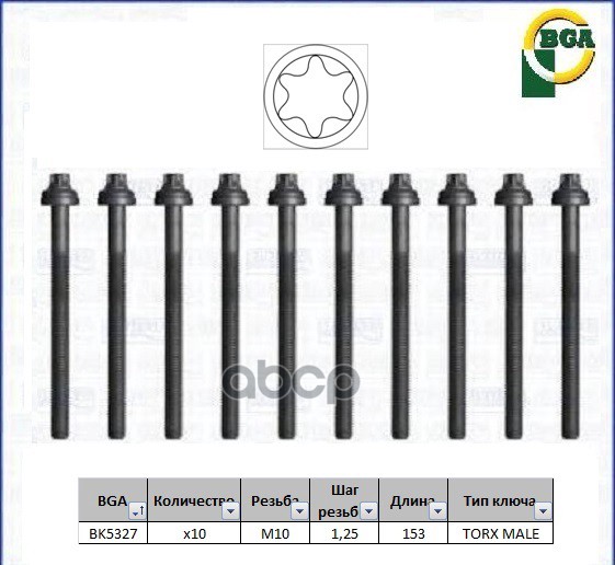 фото Bk5327bga_к-кт болтов гбц! 10шт opel astra/vectra/corsa 1.4-1.8 16v 93> bga арт. bk5327