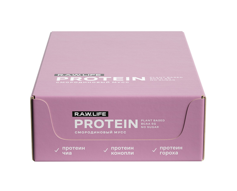 фото Батончики r.a.w.life protein 43 г, 15 шт, вкус: смородиновый мусс r.a.w. life