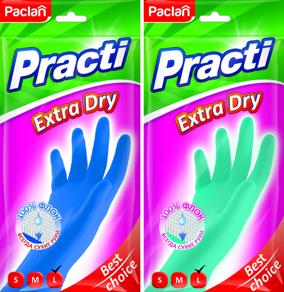 фото Перчатки резиновые paclan practi extra dry цвет в ассортименте тиффани/синий (l)