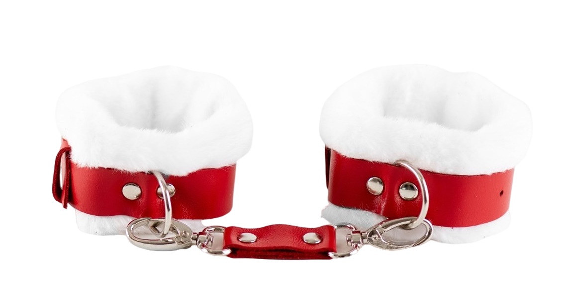 Оковы BDSM Арсенал из натуральной кожи с нежным мехом Red