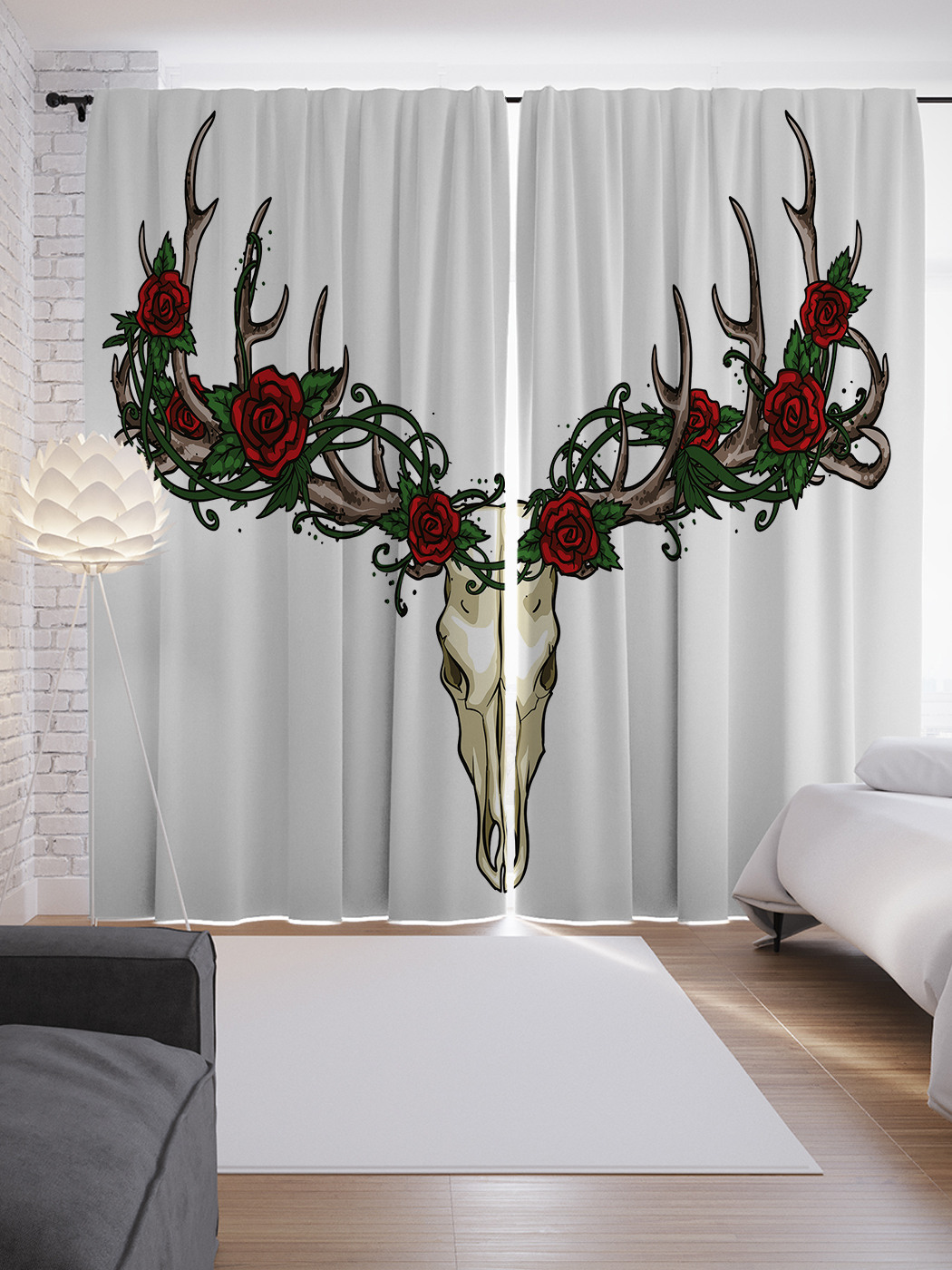 

Шторы JoyArty с фотопечатью "Розы в оленьих рогах" из сатена, 290х265 см, Розы в оленьих рогах