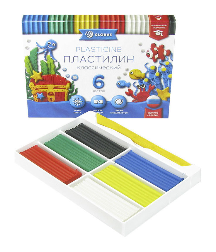 

Пластилин Globus Классический со стеком ПЛ6-06К, Белый;желтый;зеленый;красный;синий;черный
