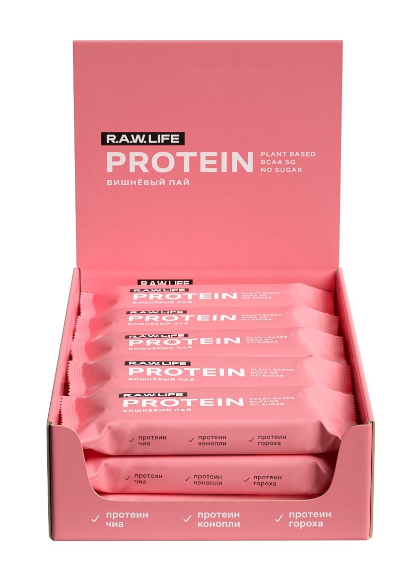 фото Батончики r.a.w.life protein 43 г, 15 шт, вкус: вишневый пай r.a.w. life