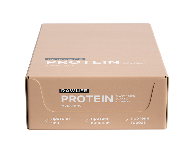 фото Батончики r.a.w.life protein 43 г, 15 шт, вкус: мокачино r.a.w. life