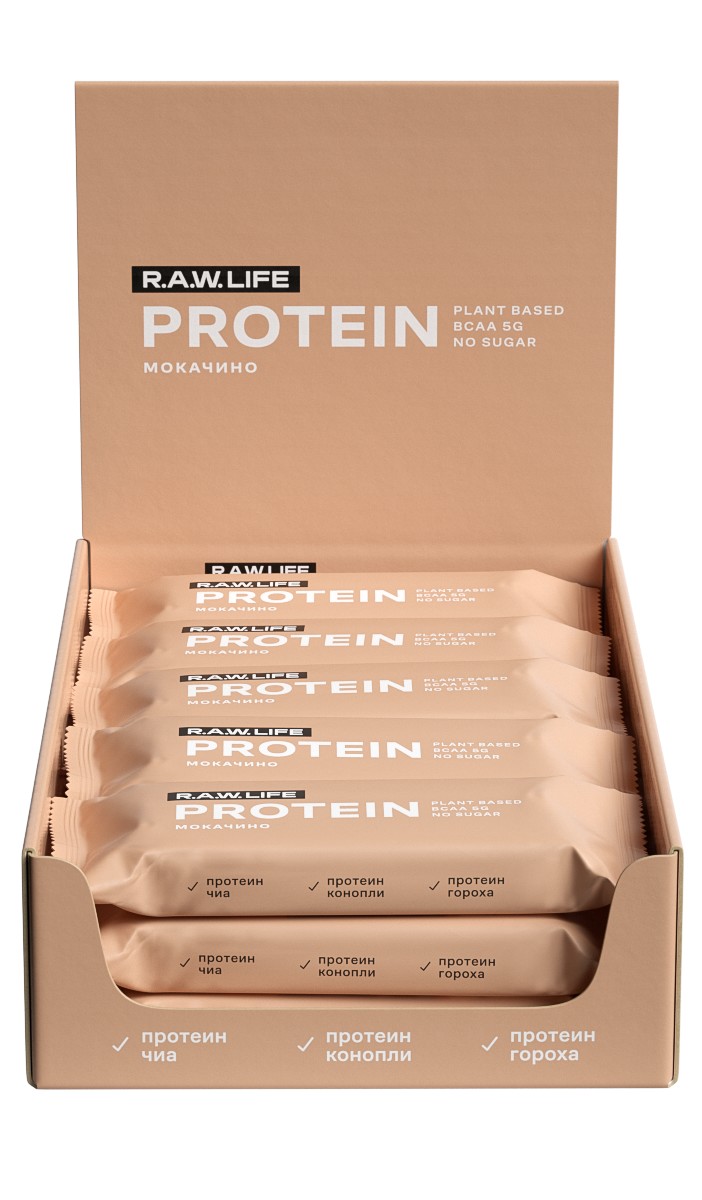 фото Батончики r.a.w.life protein 43 г, 15 шт, вкус: мокачино r.a.w. life