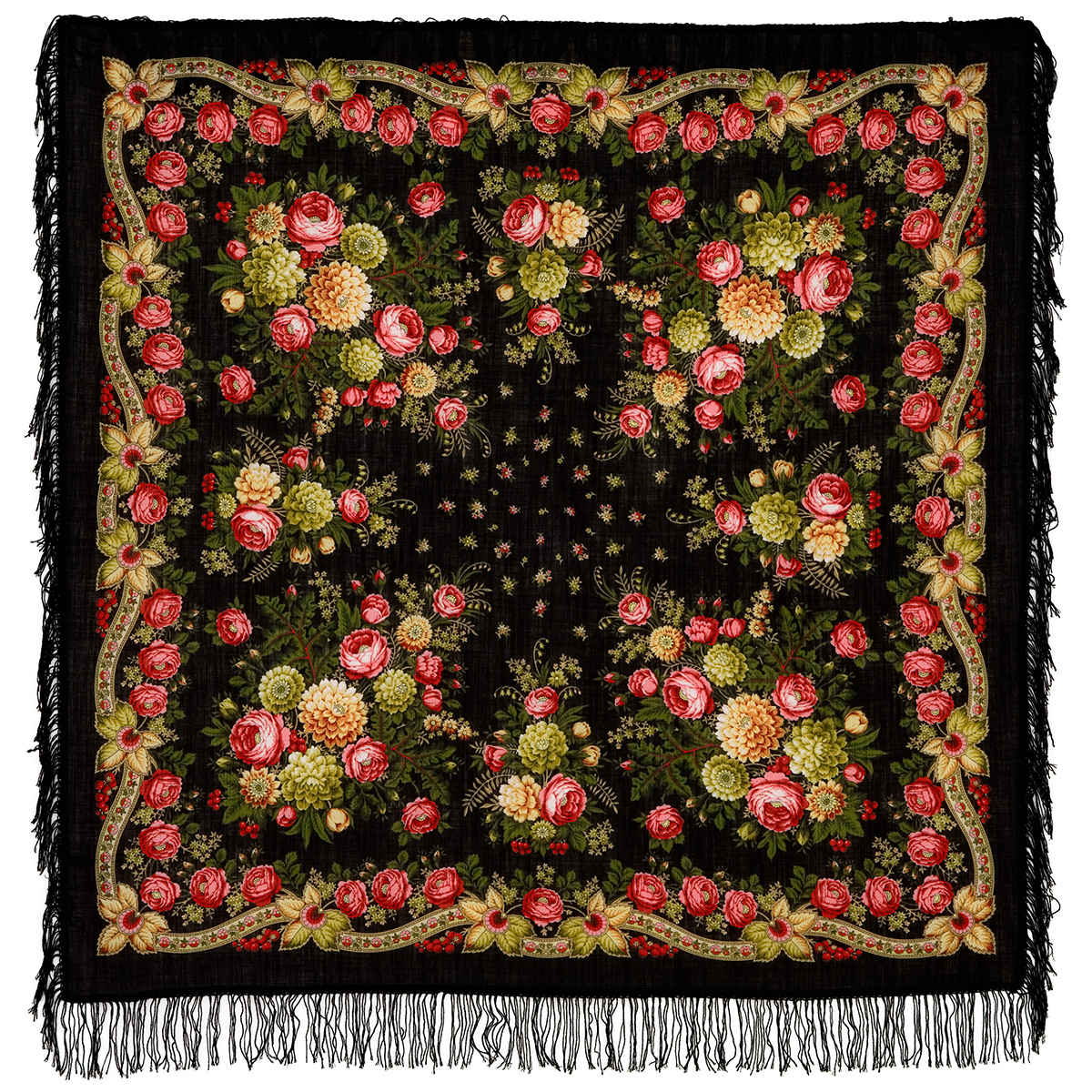 Платок женский Павловопосадский платок 1194 черный/розовый/желтый, 125х125 см