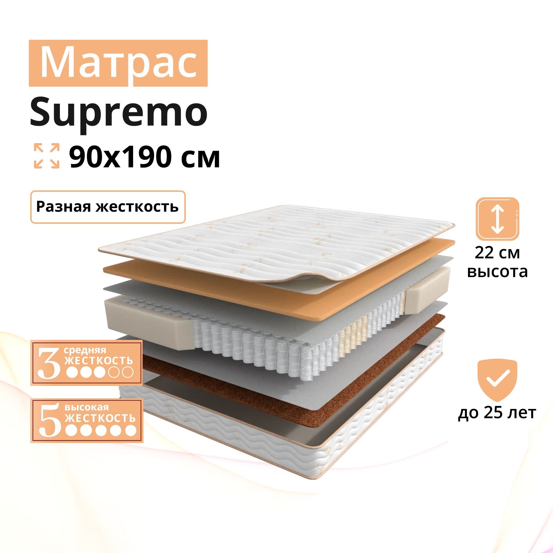 

Матрас Мир Матрасов Supremo анатомический независимые пружины 90х190 см, Белый, ask-supremo