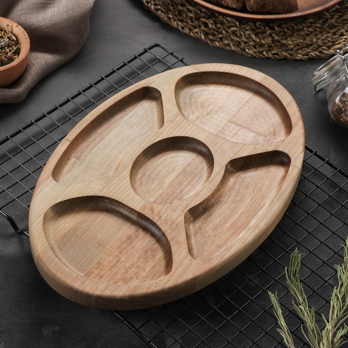 

Менажница овальная Adelica «Бочонок», 5 секций, 30x20x1,8 см, массив берёзы, Посуда авторская "Темный Лес"