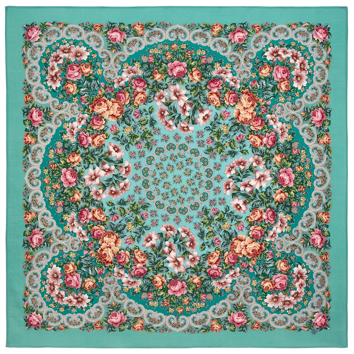 Платок женский Павловопосадский платок 1С125-4ПН бирюзовый/розовый/зеленый, 125х125 см