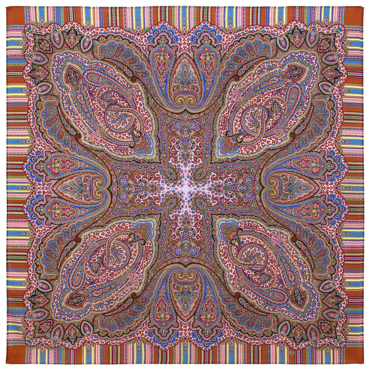 Платок женский Павловопосадский платок 1С125-4-ПН коричневый/розовый/голубой, 125х125 см