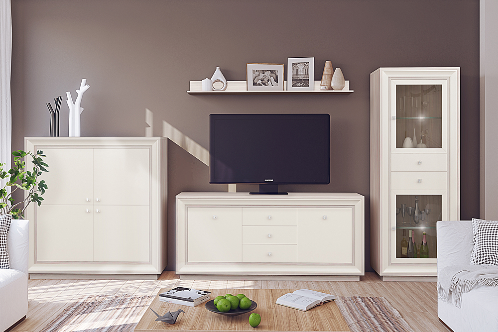 

Гостиная Кураж Прато Корпус Ясень Шимо светлый, фасад Жемчуг, багет Жемчуг Без подсветки