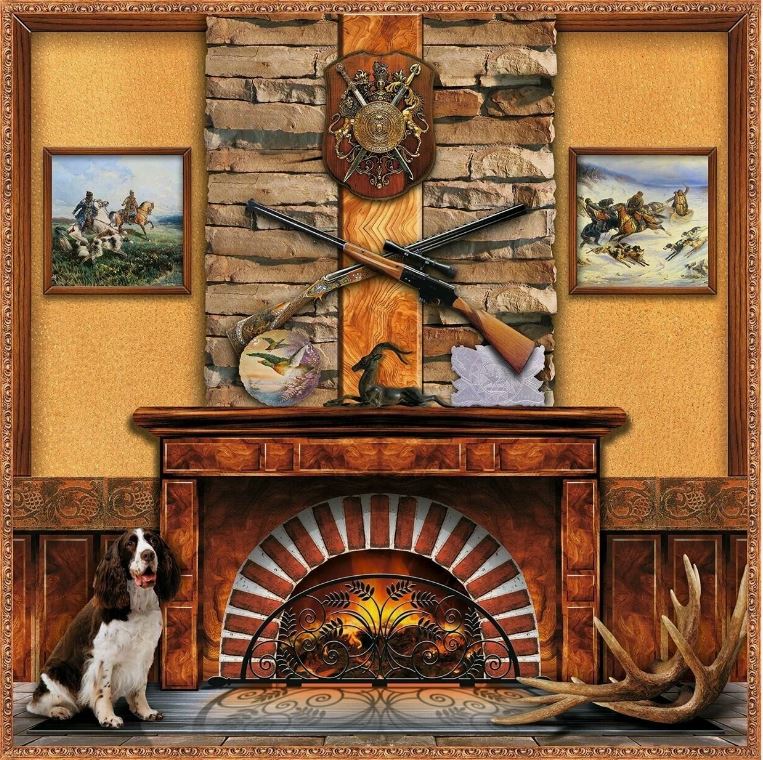 Фотообои бумажные VOSTORG Камин охотника 196*201 обложка для охотничьих документов коричневый охотник с собакой пергама