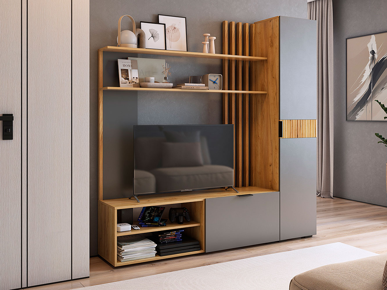 

Гостиная МебельСон Адам Дуб Крафт золотой / Графит