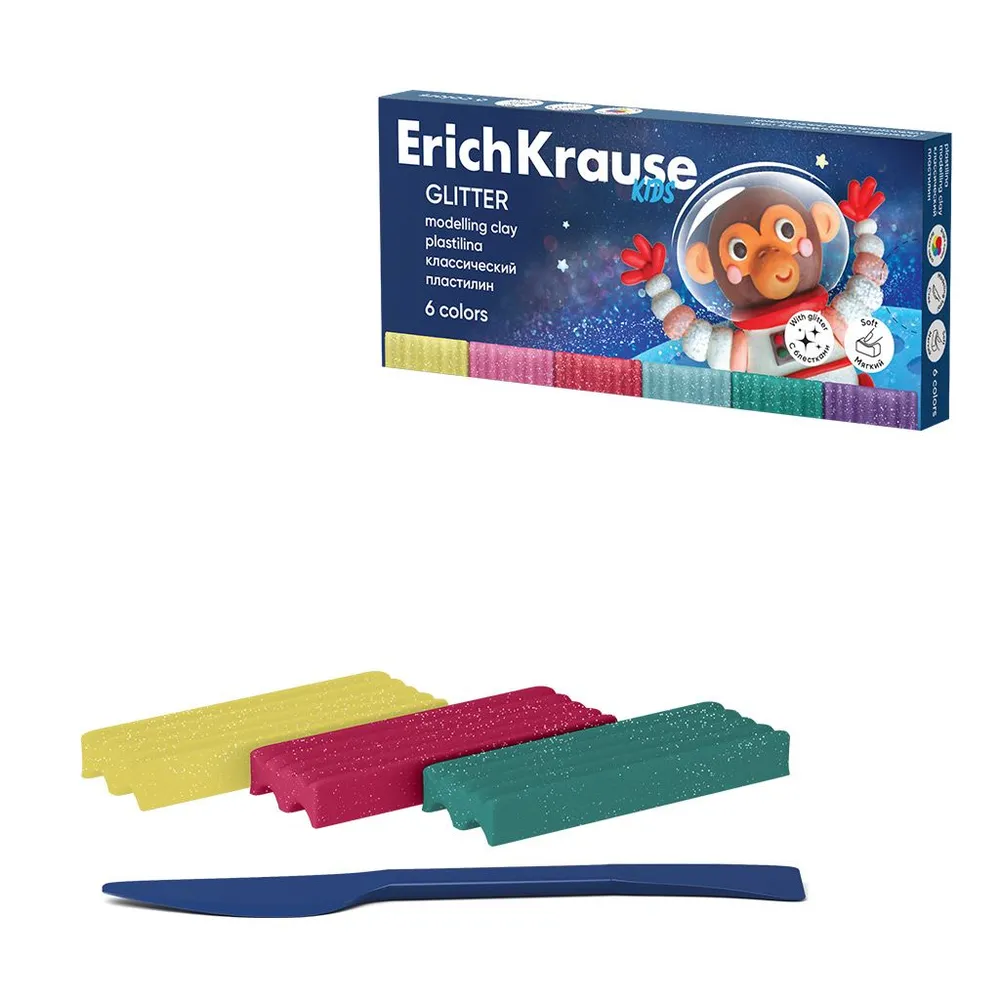 Пластилин ErichKrause 61337 Классический Kids Glitter и стек 6 цветов 108г