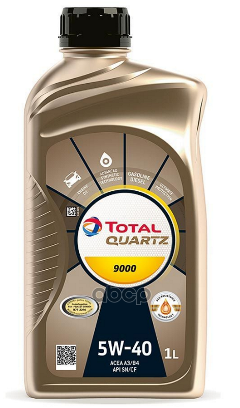 Моторное масло TOTAL синтетическое Quartz 9000 5w40 Api Sn/Cf, Acea A3/B4 1л