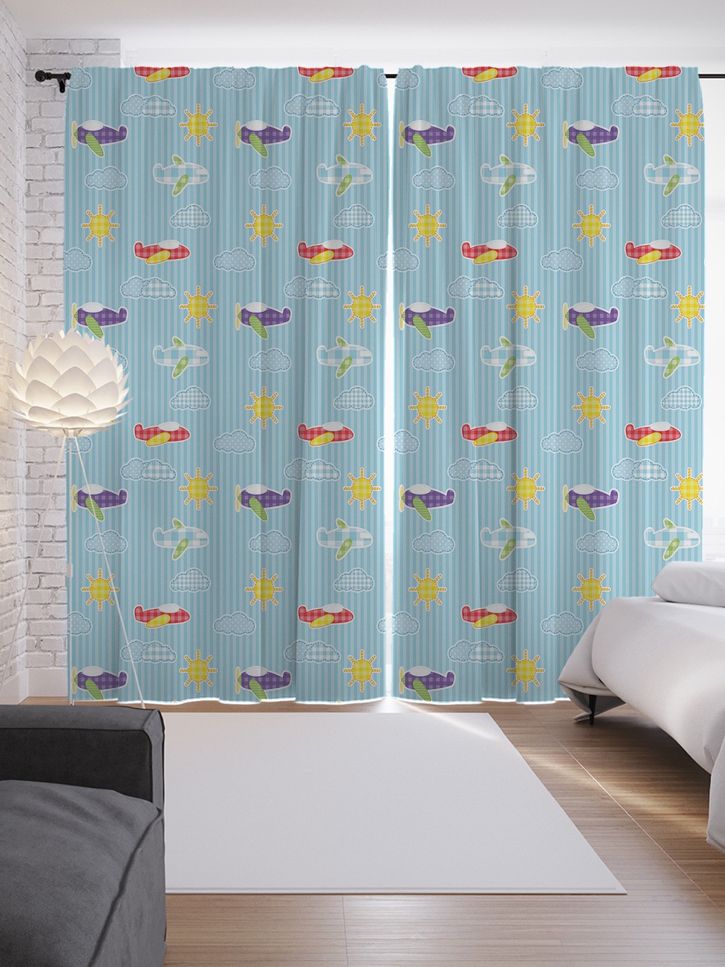 фото Шторы joyarty с фотопечатью "самолеты пэчворк" из сатена, 290х265 см
