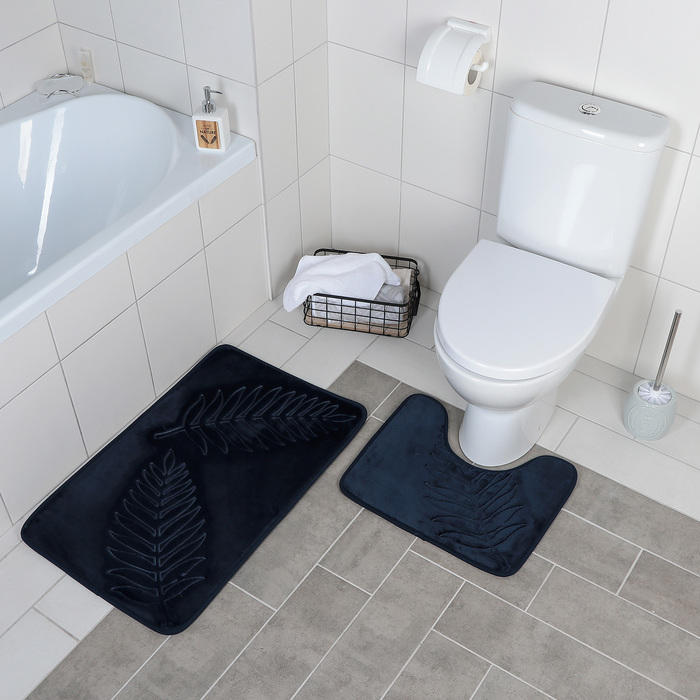 фото Набор ковриков для ванны и туалета доляна «тропики», 2 шт: 40×50, 50×80 см, цвет синий nobrand