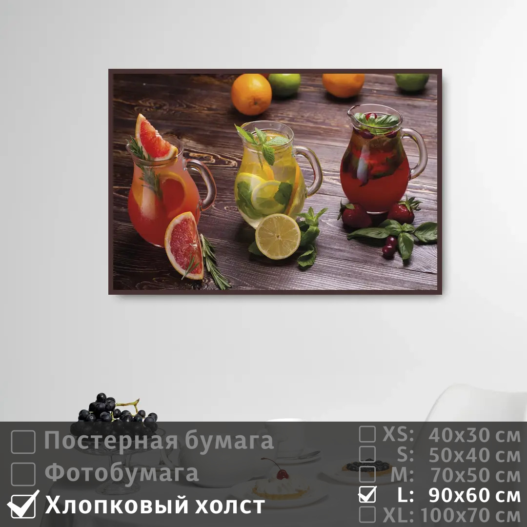 

Постер на холсте ПолиЦентр Фруктовый сок в кувшинах 90х60 см, ФруктовыйСокВКувшинах