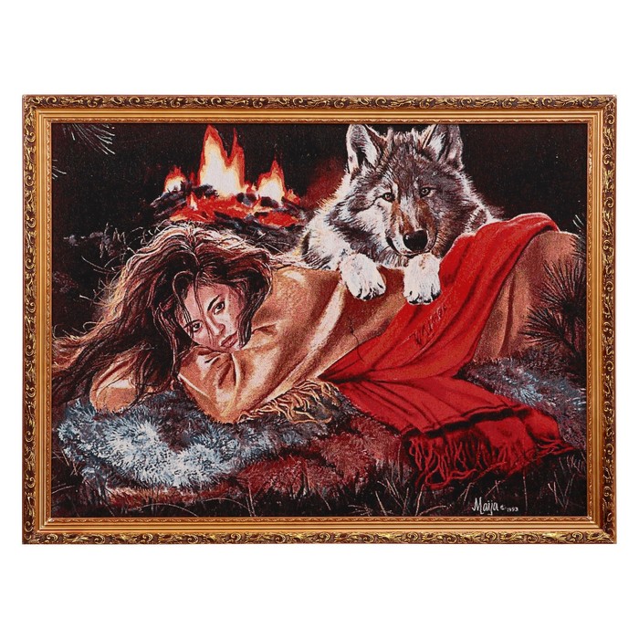 R082-60х80 Картина из гобелена Девушка и волк у костра (64х84)