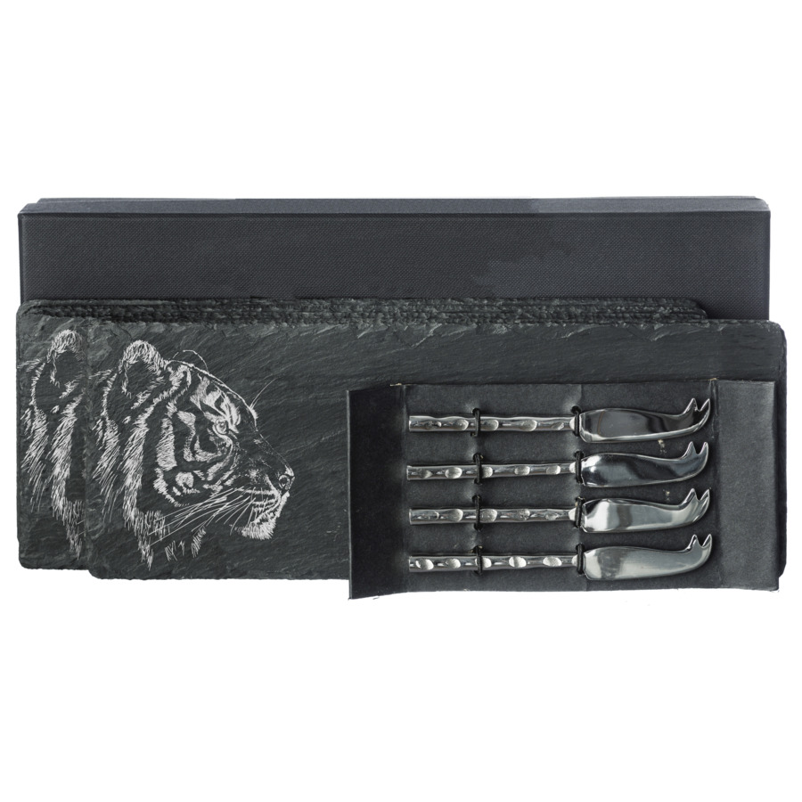 

Набор сервировочных досок с ножами The Just Slate Company Тигр 29x11 см, 4 шт, п/к