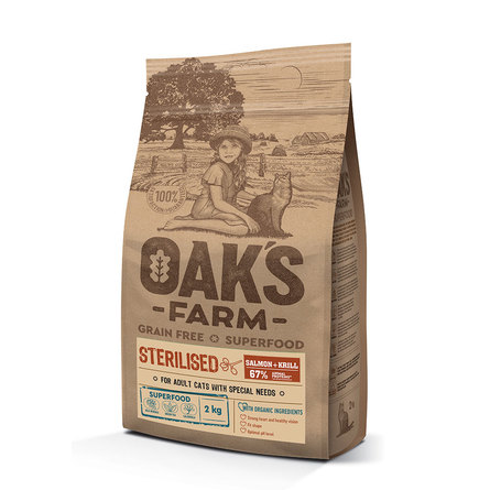 фото Сухой корм для кошек oaks farm gf sterilised, лосось, криль 2кг