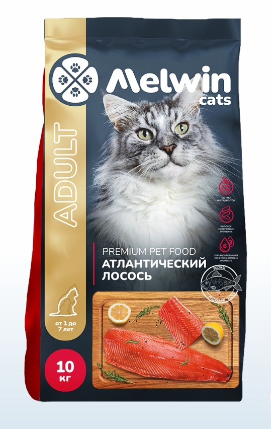 Сухой корм для взрослых кошек всех пород MELWIN Премиум Атлантический лосось 10 кг