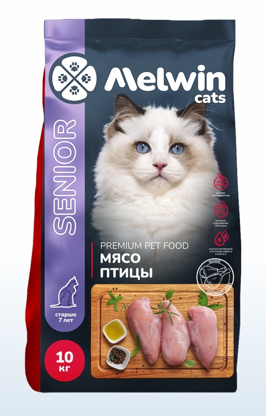 Сухой корм для взрослых кошек всех пород старше 7 лет MELWIN Премиум Мясо птицы 10 кг