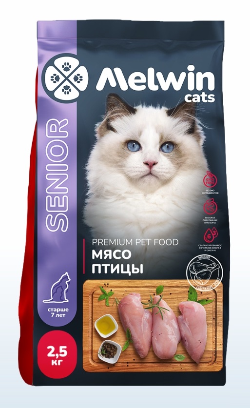 Сухой корм для кошек MELWIN, для пожилых, мясо птицы, 2,5 кг
