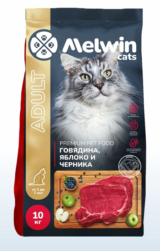 Корм сухой MELWIN для кошек всех пород Премиум Говядина, яблоко, черника 10 кг