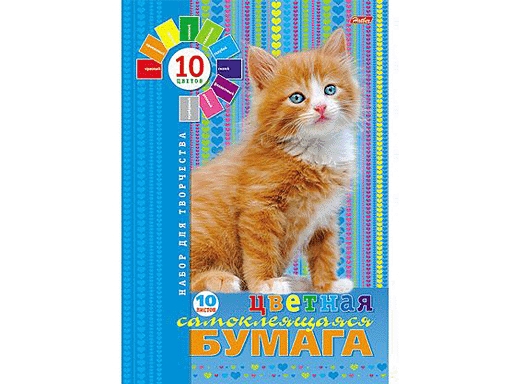 

Набор бумаги цветной Самоклеящейся 10л 10 цв. А4ф в папке-Пушистый котенок-, Разноцветный